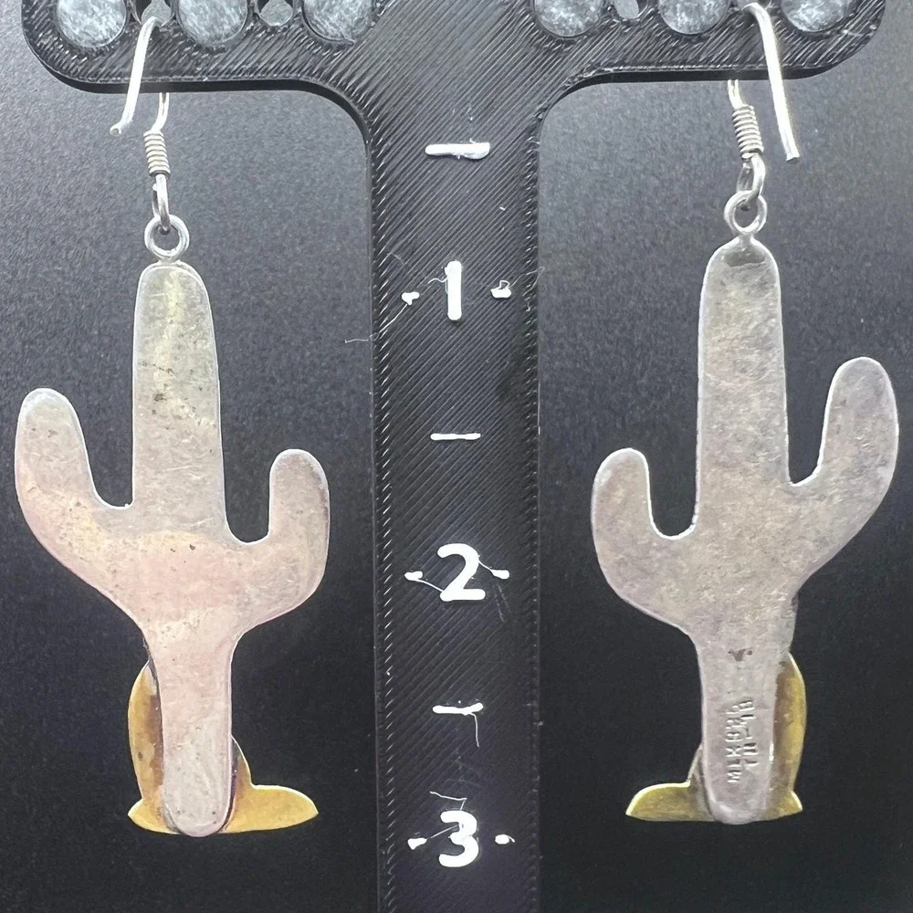 Vtg Sterling Silver Copper TAXCO‎ Mexico Earrings Cactus Wolf Dangling 12.7g 3
